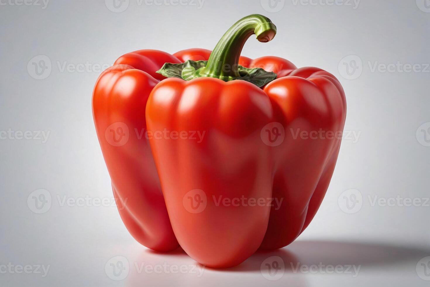 A single, vibrant red bell pepper with a green stem, isolated on a white background. photo