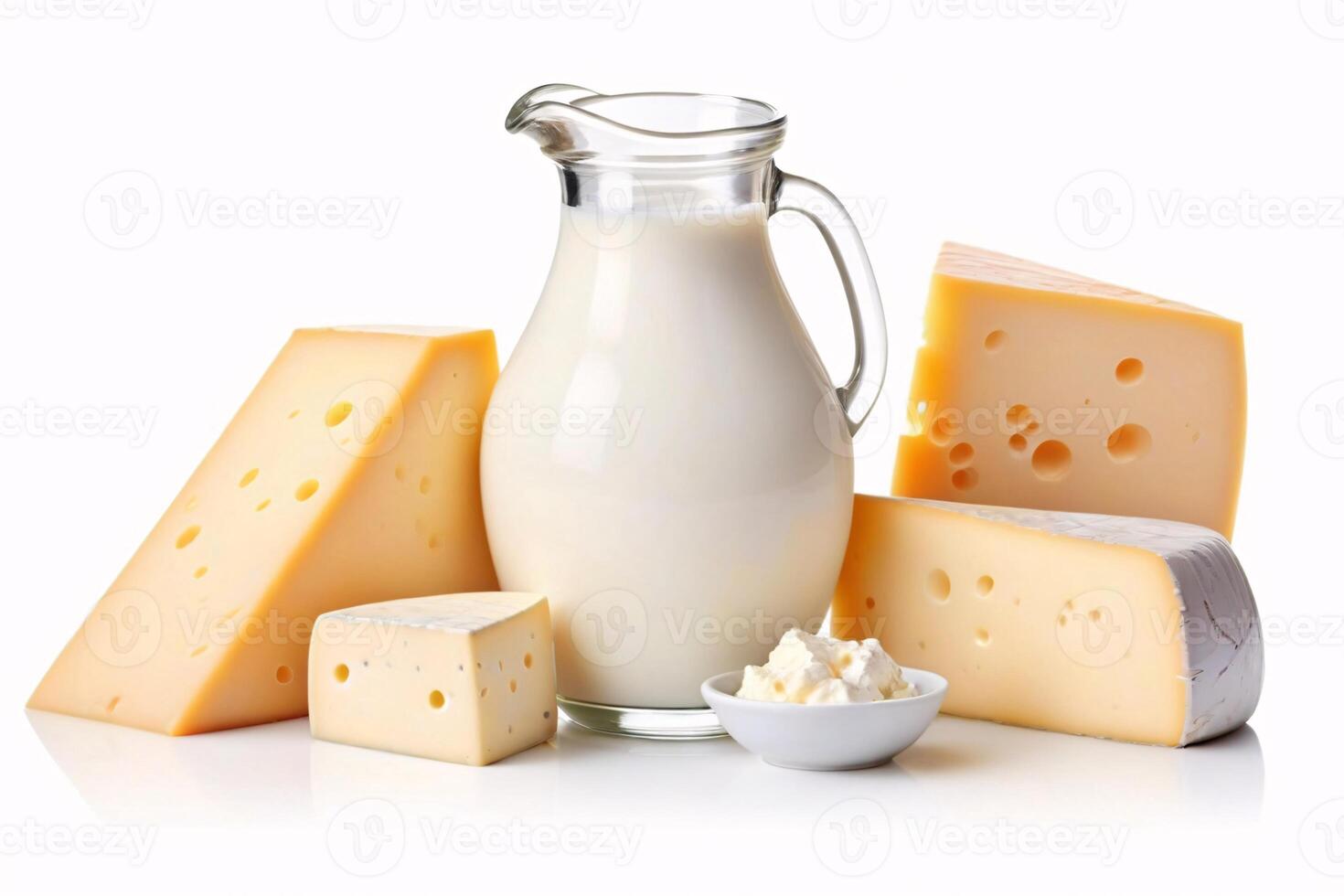 Milk, cheese, and cream on a white background. photo