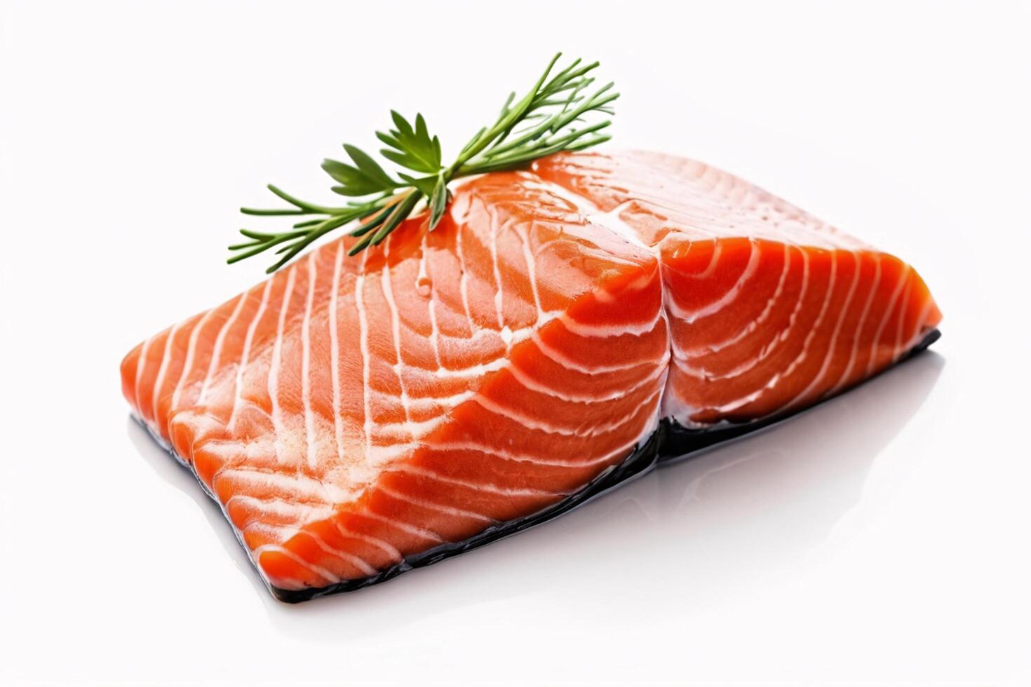 Fresh salmon fillet with herbs, isolated on white background. photo