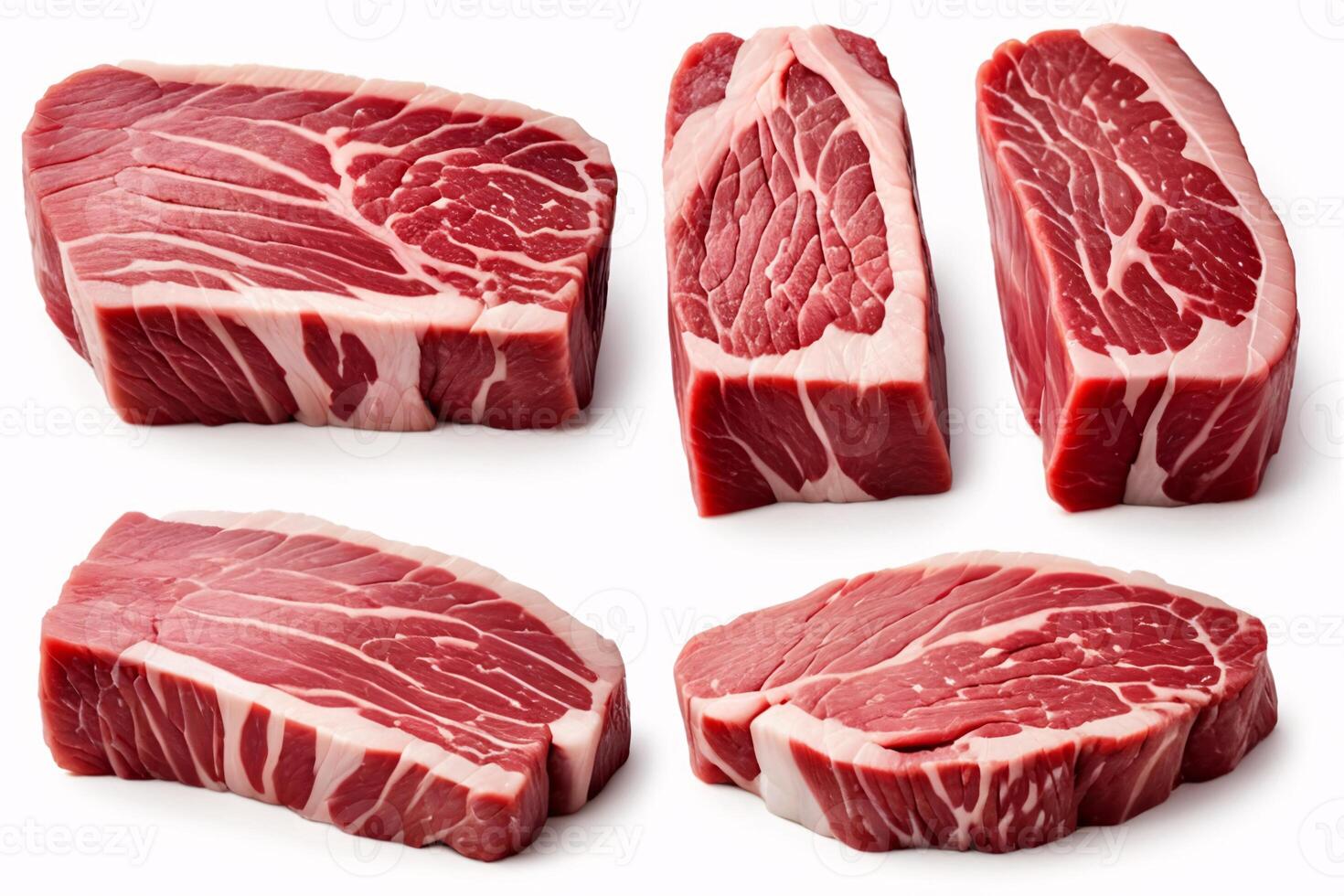 Raw beef steaks, different angles, isolated white. photo