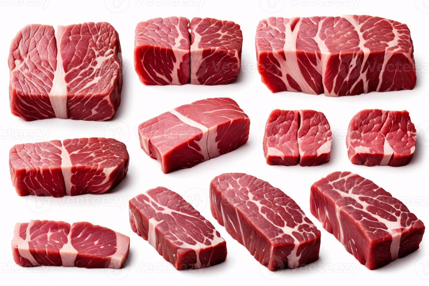 Raw red meat steaks isolated on white background. photo