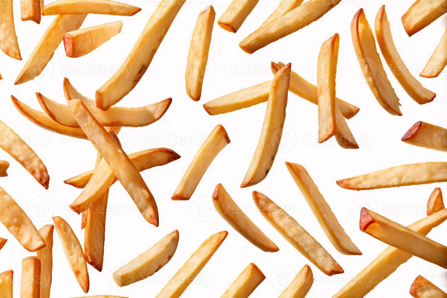 Golden French Fries Floating Against White Background. photo