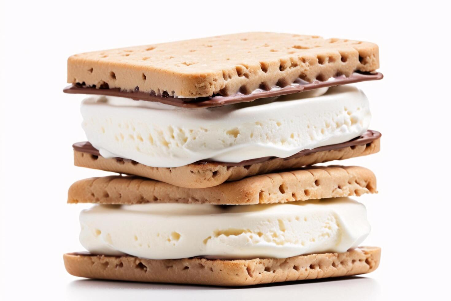 Stacked ice cream sandwich with chocolate and cookie layers. photo