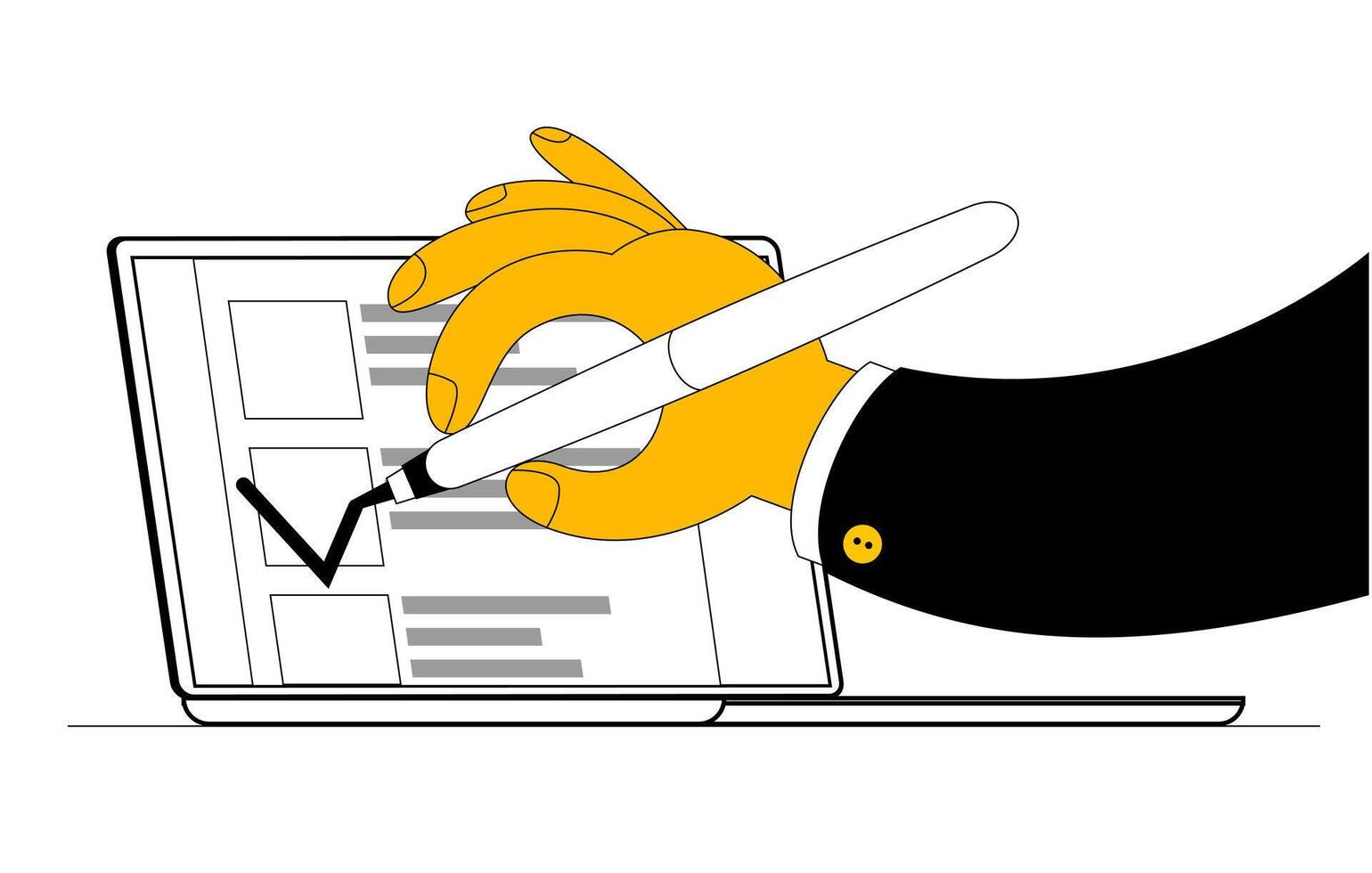 Hand putting a tick in an electronic ballot on the screen. vector