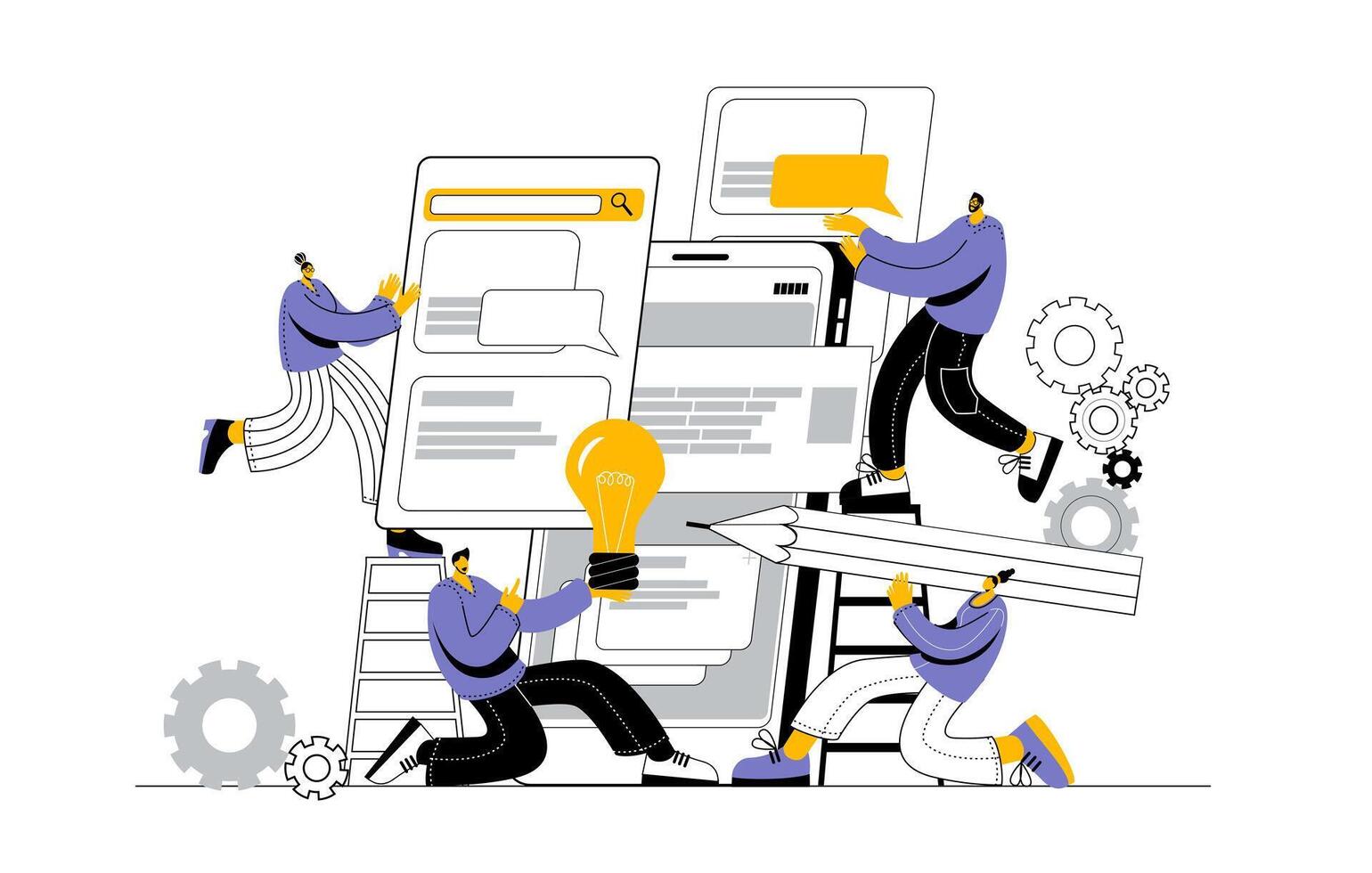 A team of developers, managers and designers creates a mobile app. vector