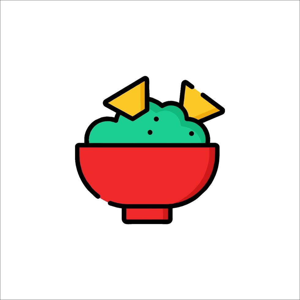 A bowl of green and red food with two triangles vector