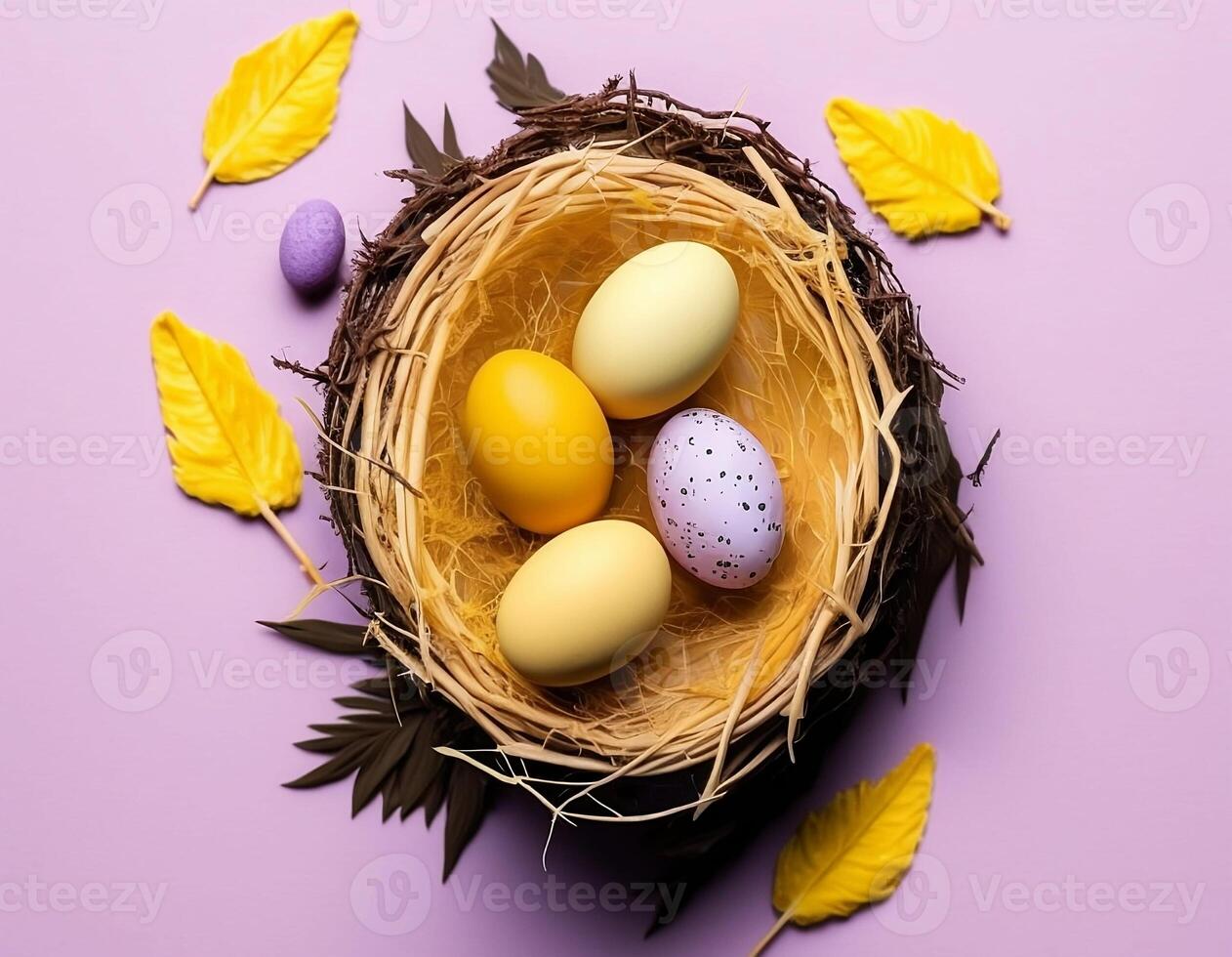 Happy Easter day colorful eggs, colorful easter nest with easter eggs, Digital Art. Easter day Concept photo