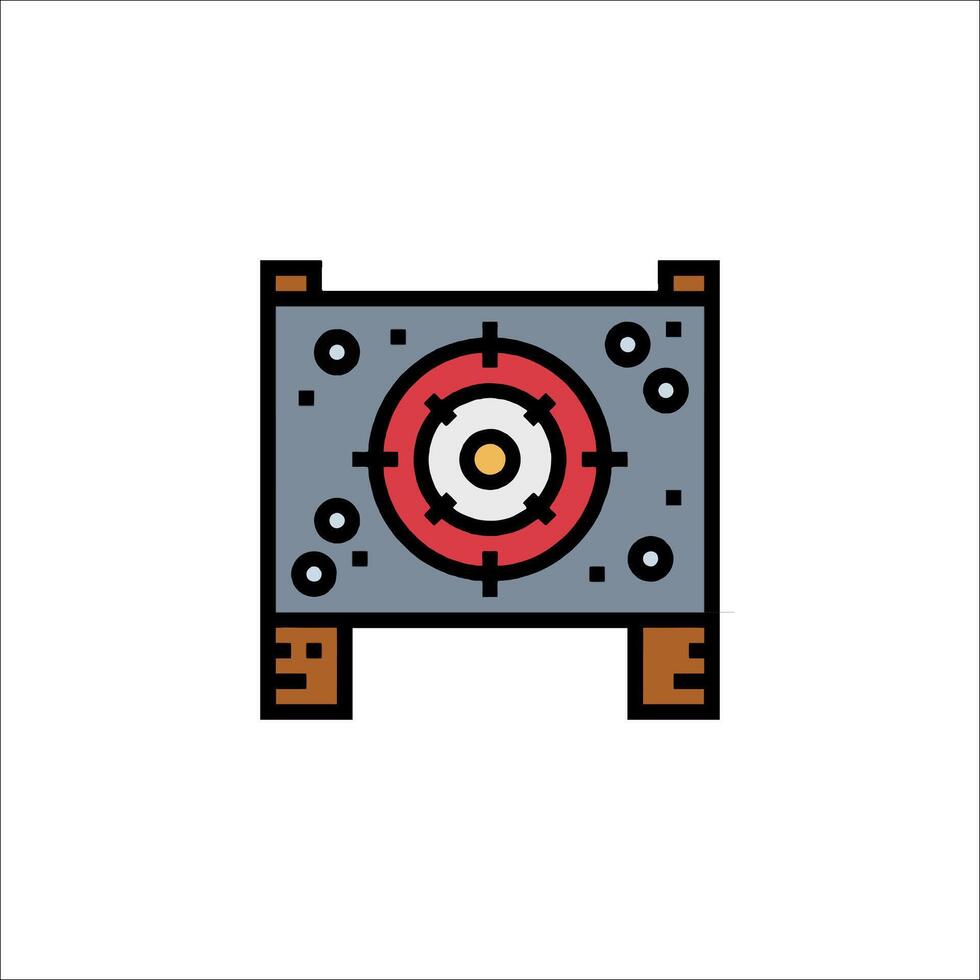 A red and white icon of a gun on a table vector