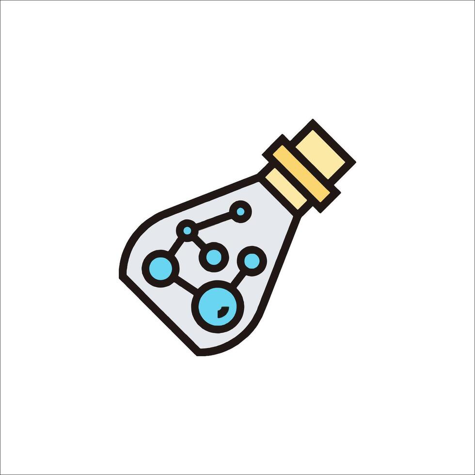 A bottle with a chemical in it, with a line drawing of a molecule vector