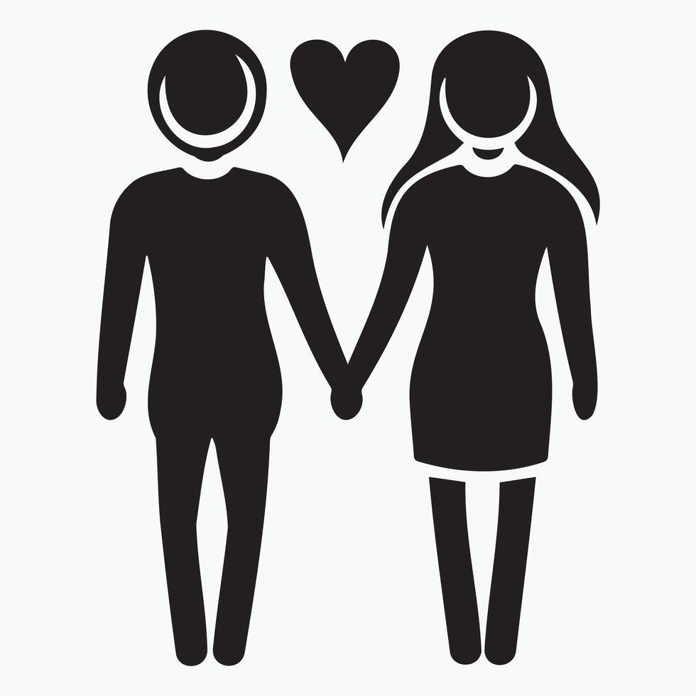 Elegant black silhouette icon of a couple holding hands with a heart floating above, symbolizing romance, affection, and unity in a minimalist style. vector