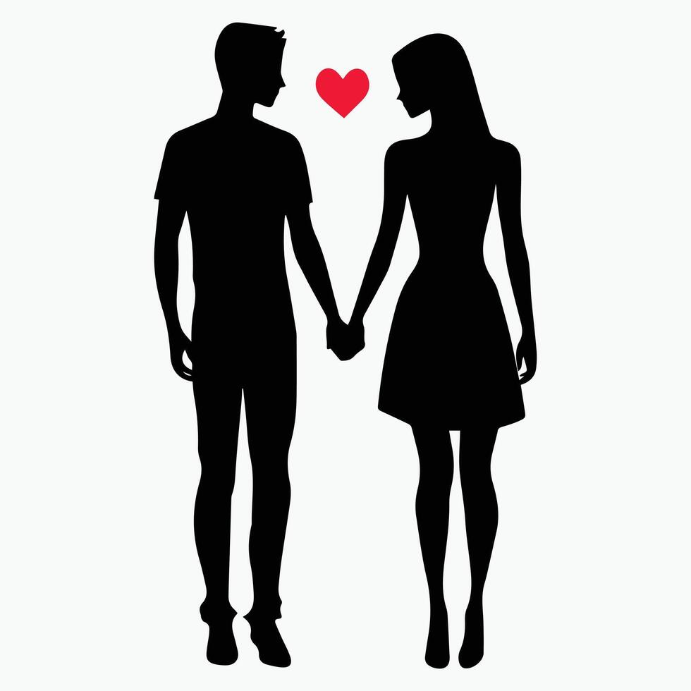 Black silhouette of a couple holding hands under a red heart, symbolizing love, unity, and romantic connection in a timeless design. vector