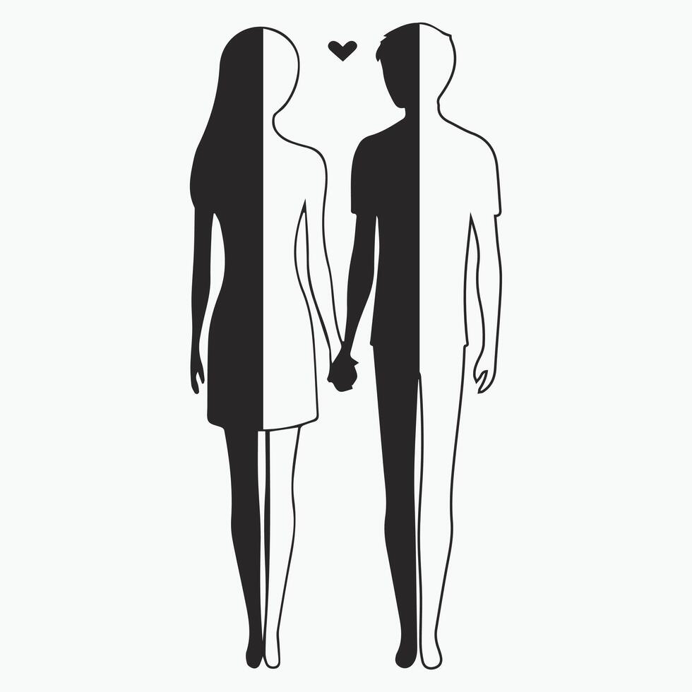 Black silhouette of a man and woman holding hands with a small heart above them, symbolizing love, intimacy, and a romantic bond in a clean, minimalist design. vector