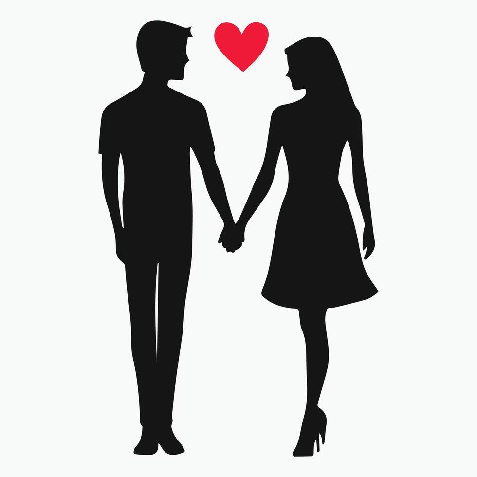 Silhouette of a couple holding hands with a red heart above them, symbolizing love, romance, and connection. Simple and elegant design. vector