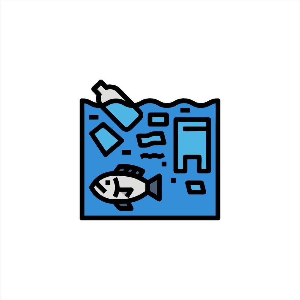 A blue and white line icon of a fish in the water vector