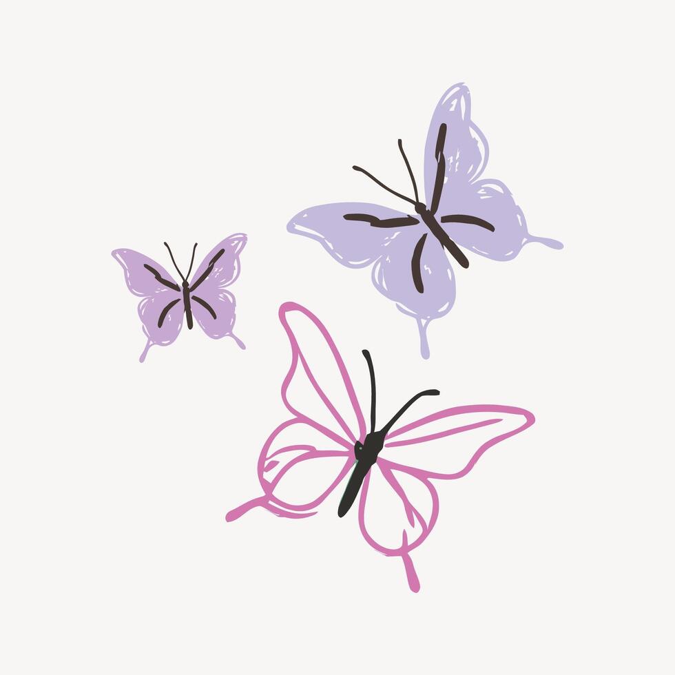 butterflies illustration with hand drawing sketch doodle style vector