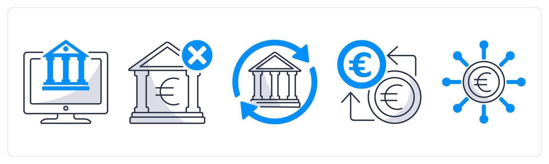 A set of 5 Euro icons as digital banking, underbanked, bank transfer vector