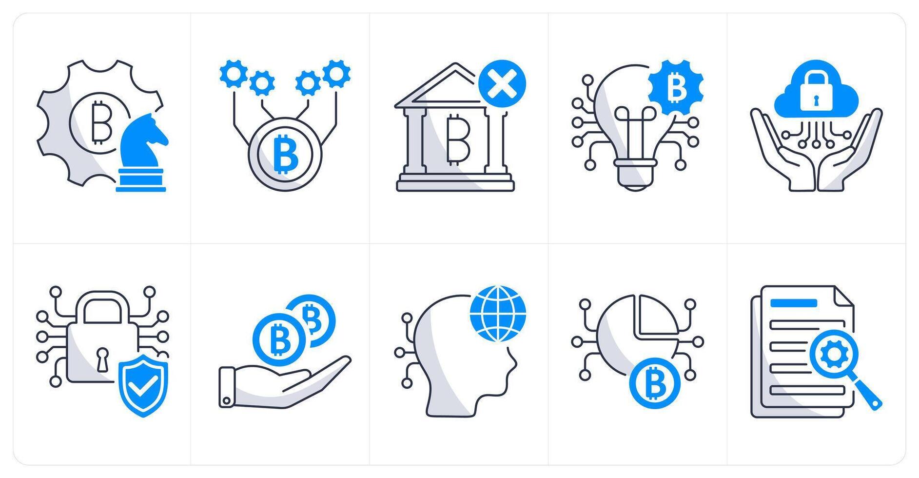 A set of 10 bitcoin icons as strategy, bitcoin technology, underbanked vector