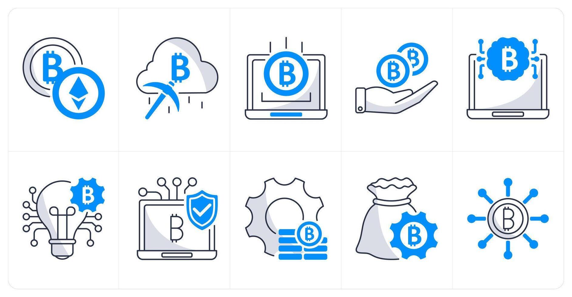 A set of 10 bitcoin icons as cryptocurrency, cloud mining, online income vector