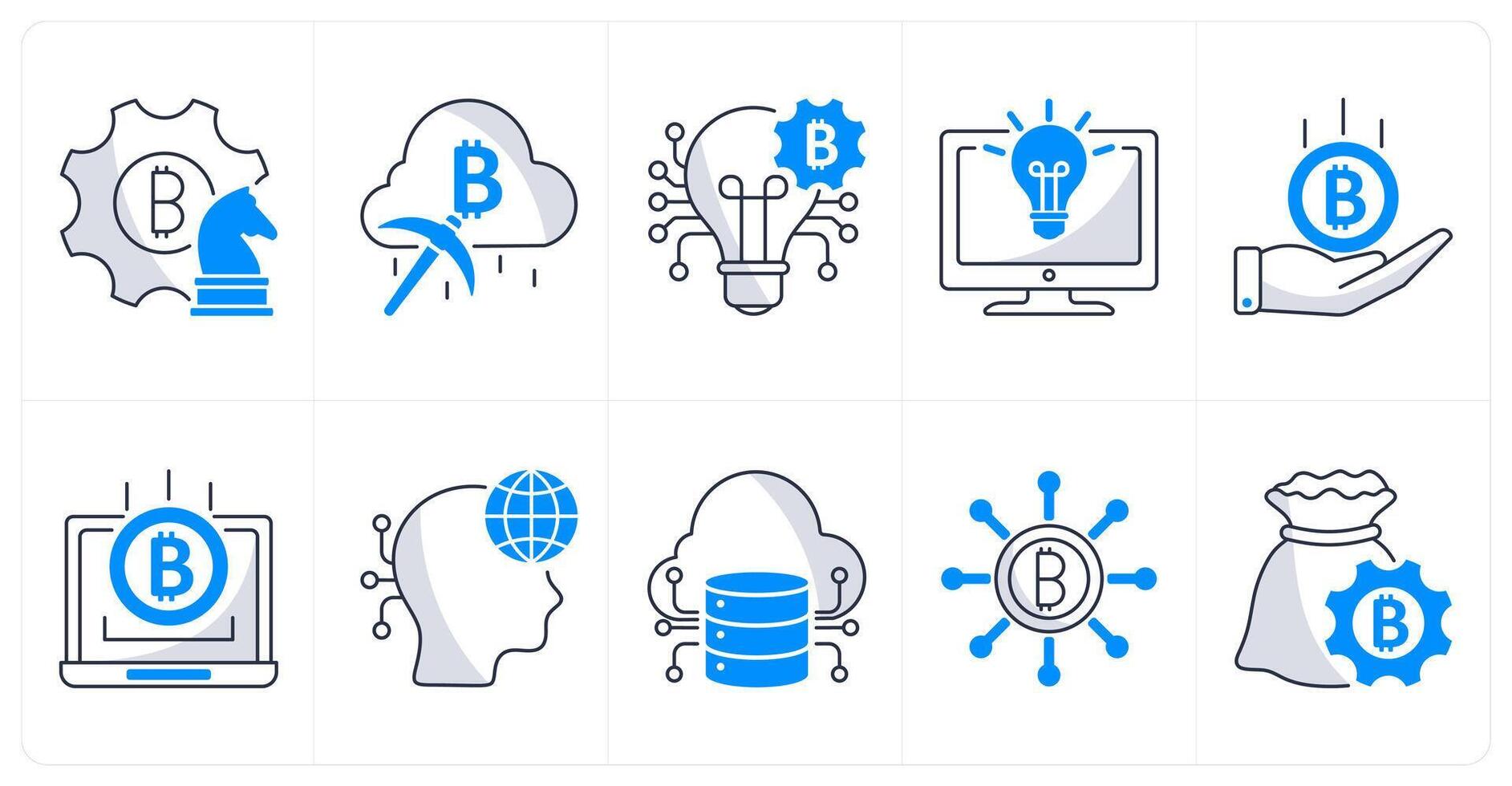 A set of 10 bitcoin icons as strategy, cloud mining, dispurtive innovation vector