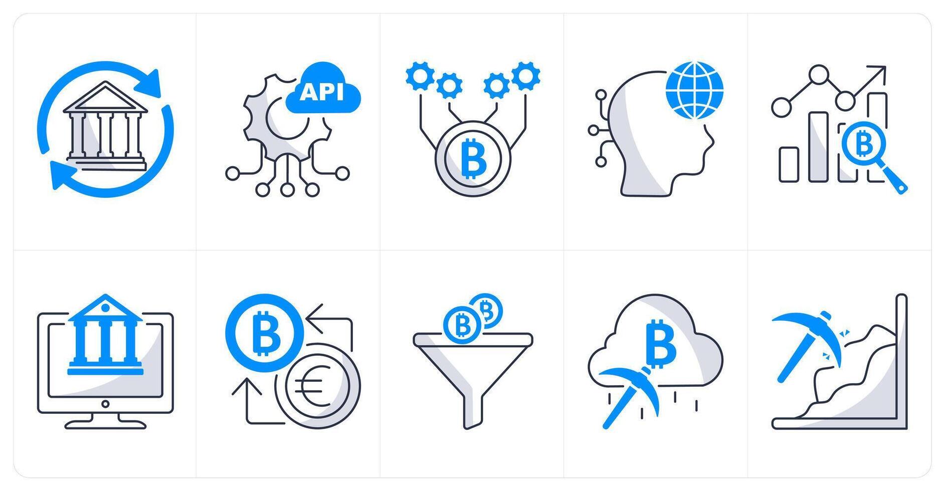 A set of 10 bitcoin icons as bank transfer, api, bitcoin technology vector