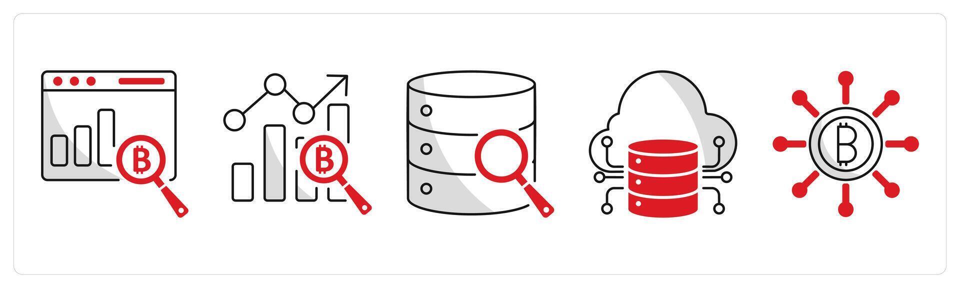 A set of 5 bitcoin icons as financial data analytics, benckmark, big data analytics vector