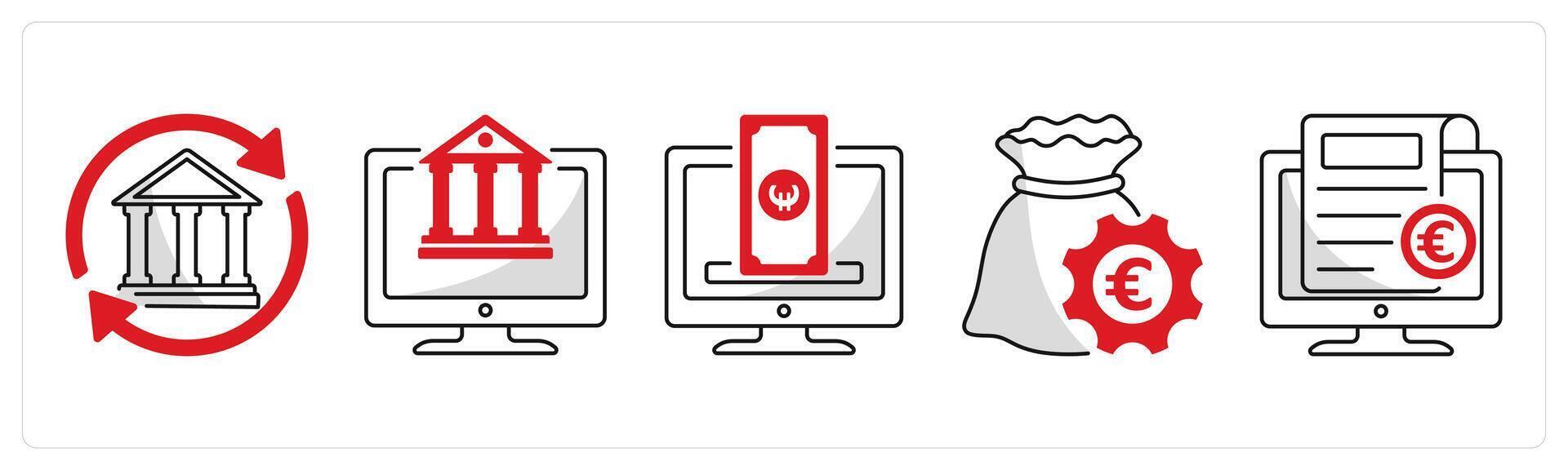 A set of 5 Euro icons as bank transfer, digital banking, crowdfunding platform vector