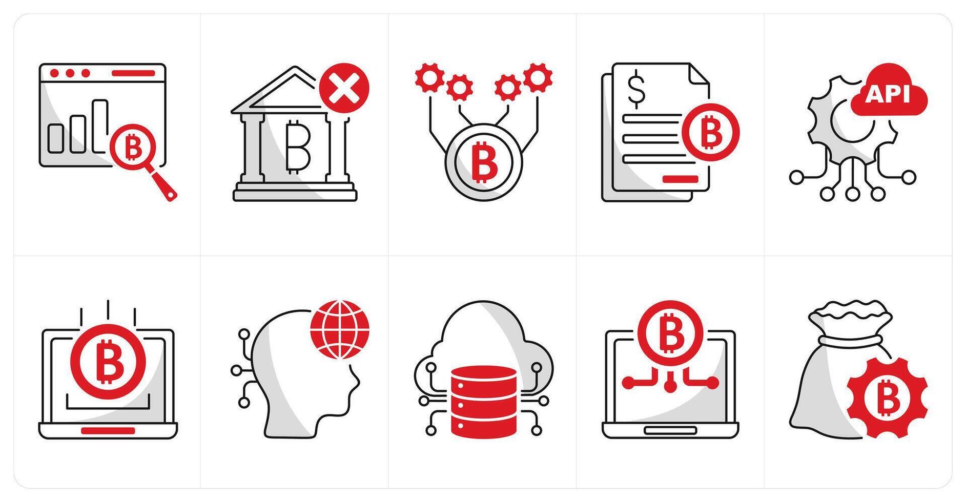 A set of 10 bitcoin icons as financial data analytics, underbanked, bitcoin technology vector