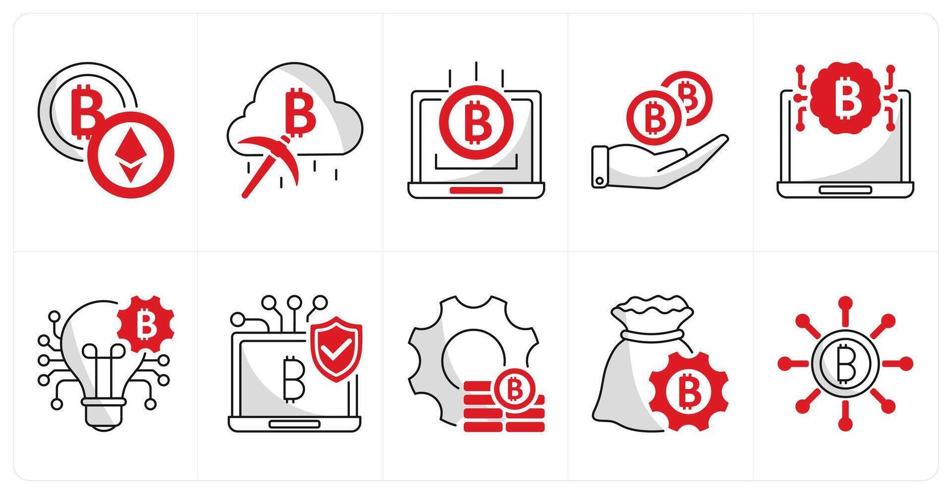 A set of 10 bitcoin icons as cryptocurrency, cloud mining, online income vector