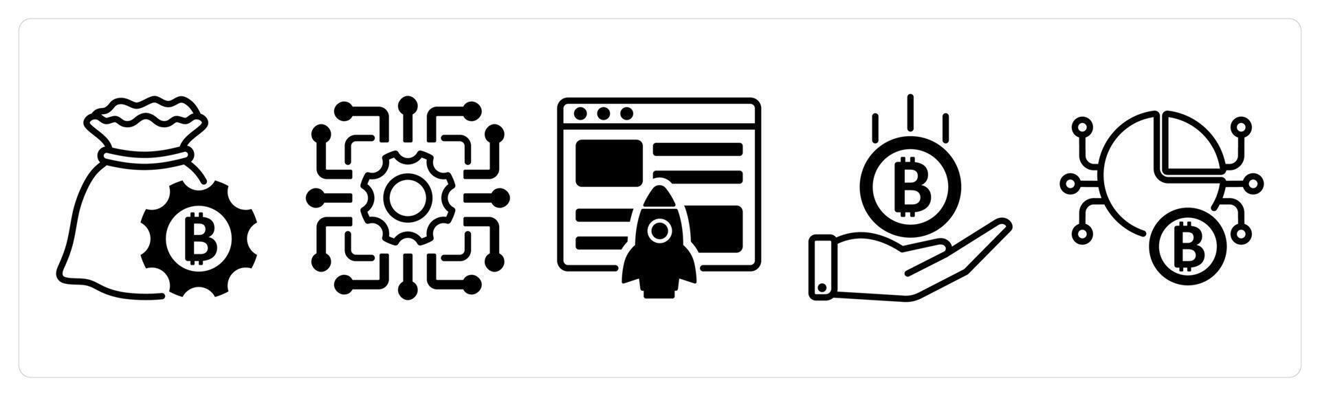 A set of 5 bitcoin icons as financial management, technology, website launch vector