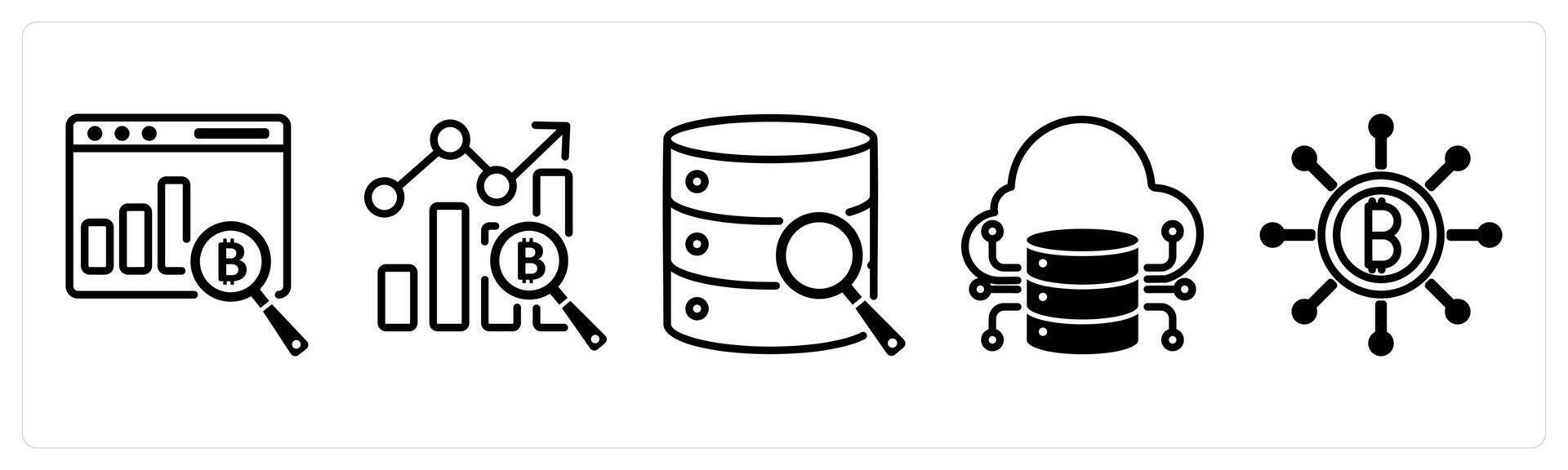A set of 5 bitcoin icons as financial data analytics, benckmark, big data analytics vector