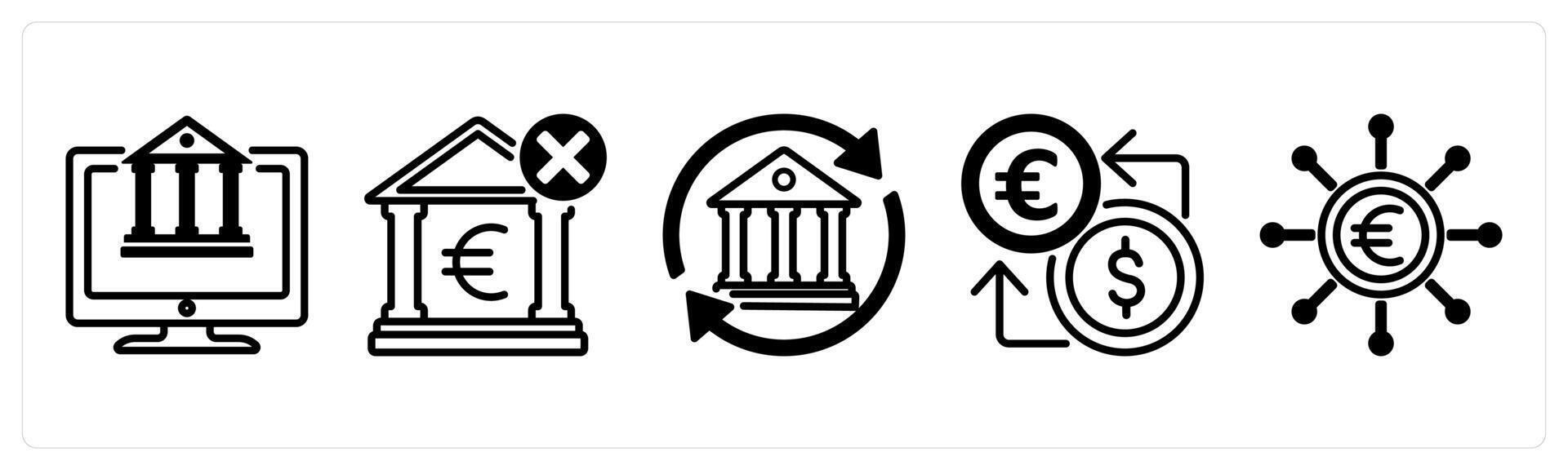 A set of 5 Euro icons as digital banking, underbanked, bank transfer vector