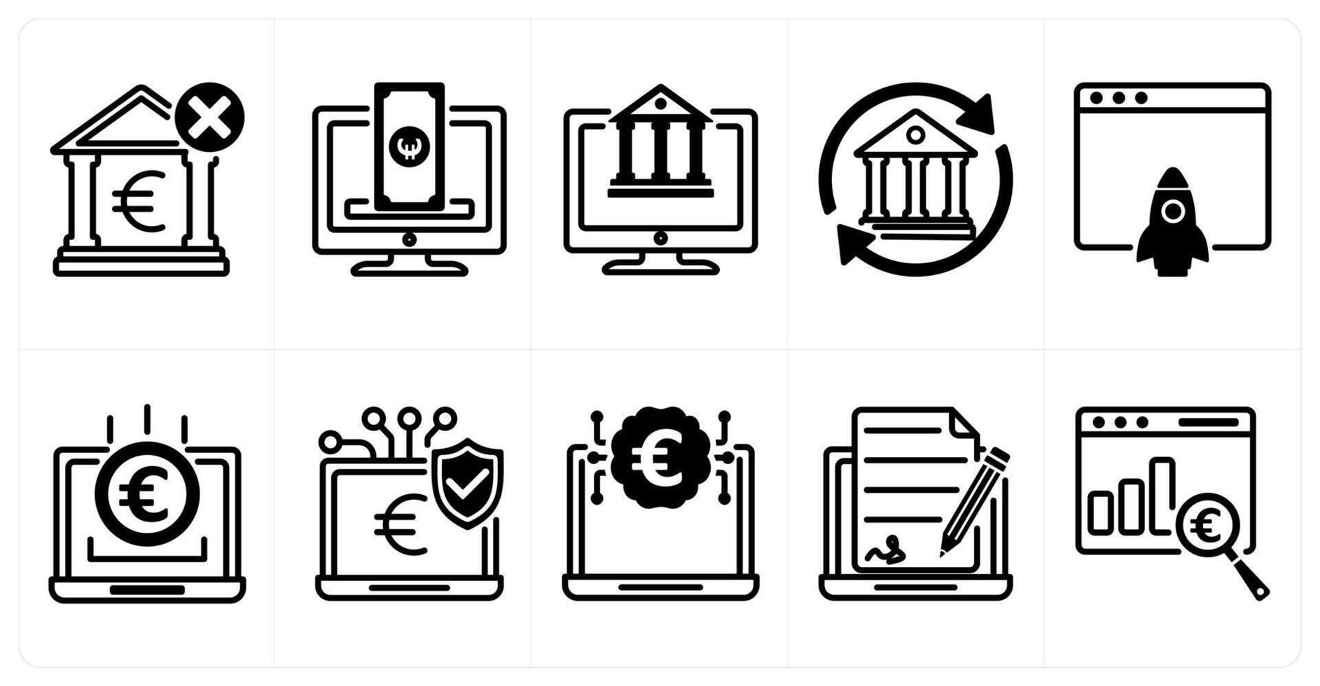 A set of 10 euro icons as underbanked, crowdfunding platform, digital banking vector