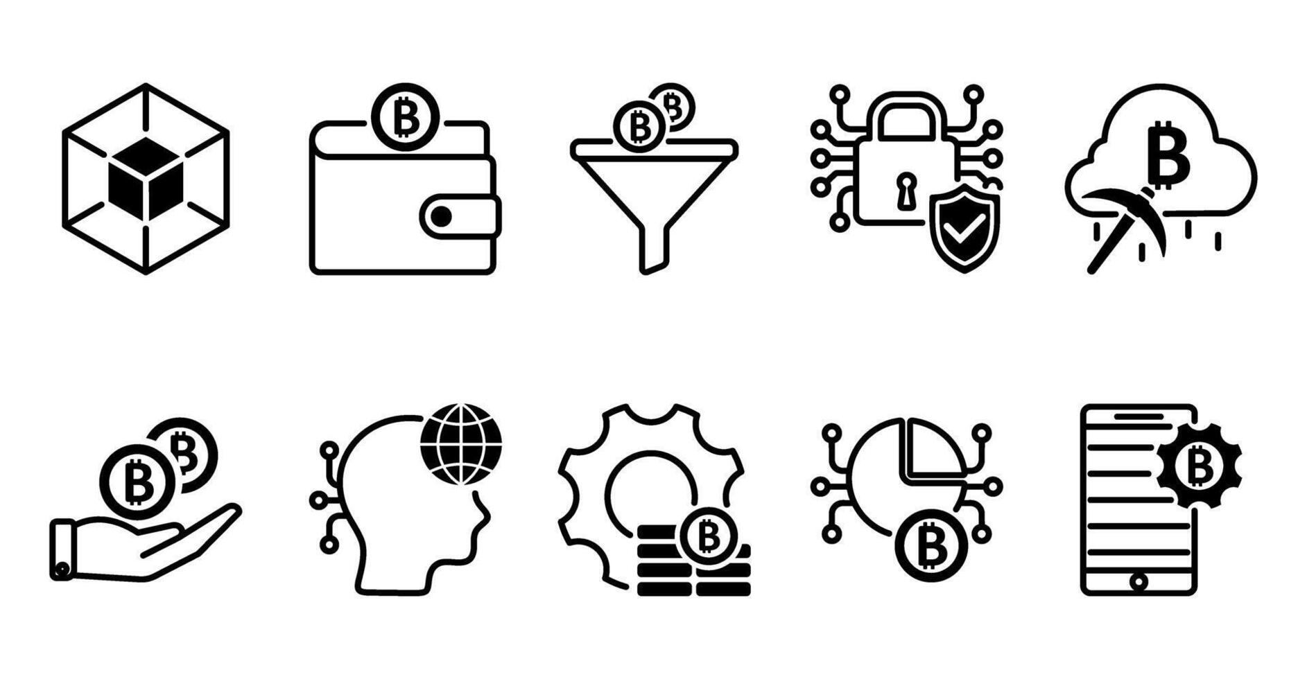 A set of 10 bitcoin icons as blockchain, wallet, converting vector