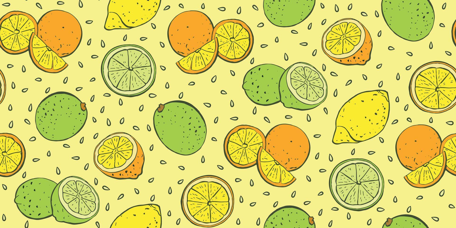 Citrus Seamless Pattern with Lemons, Oranges, Limes on Yellow Background vector