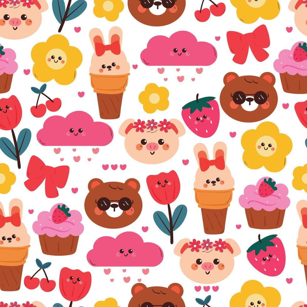 seamless pattern cute cartoon pig, bear and bunny with kawaii stuff doodle. cute animal pattern for wallpaper, background and gift wrap paper vector