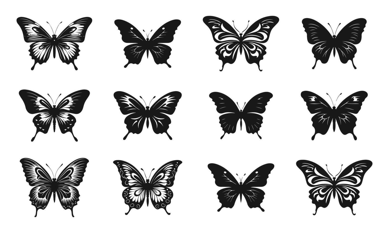 Set of contours of butterflies with monarch wings isolated on a white background. Silhouette of butterfly vector