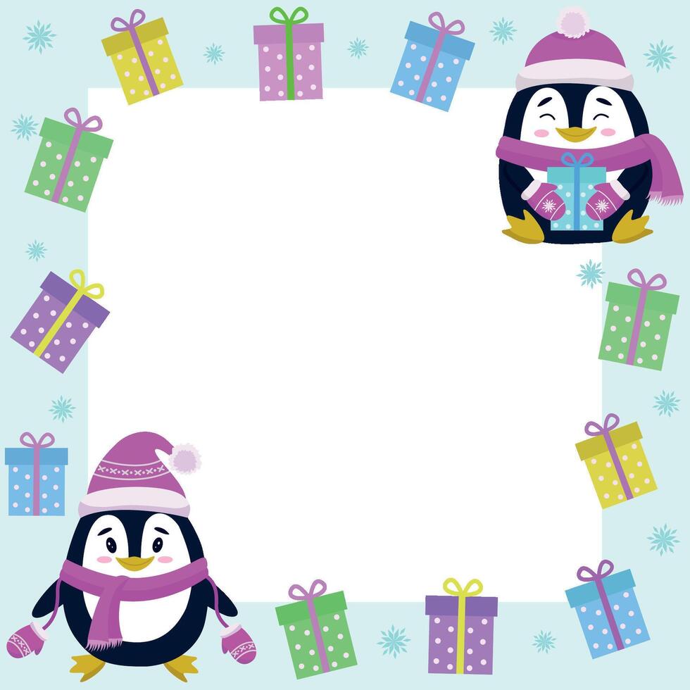 New Year photo frame with penguin, gifts and snowflakes. photo frame.Transparent background. children is illustration. illustration vector