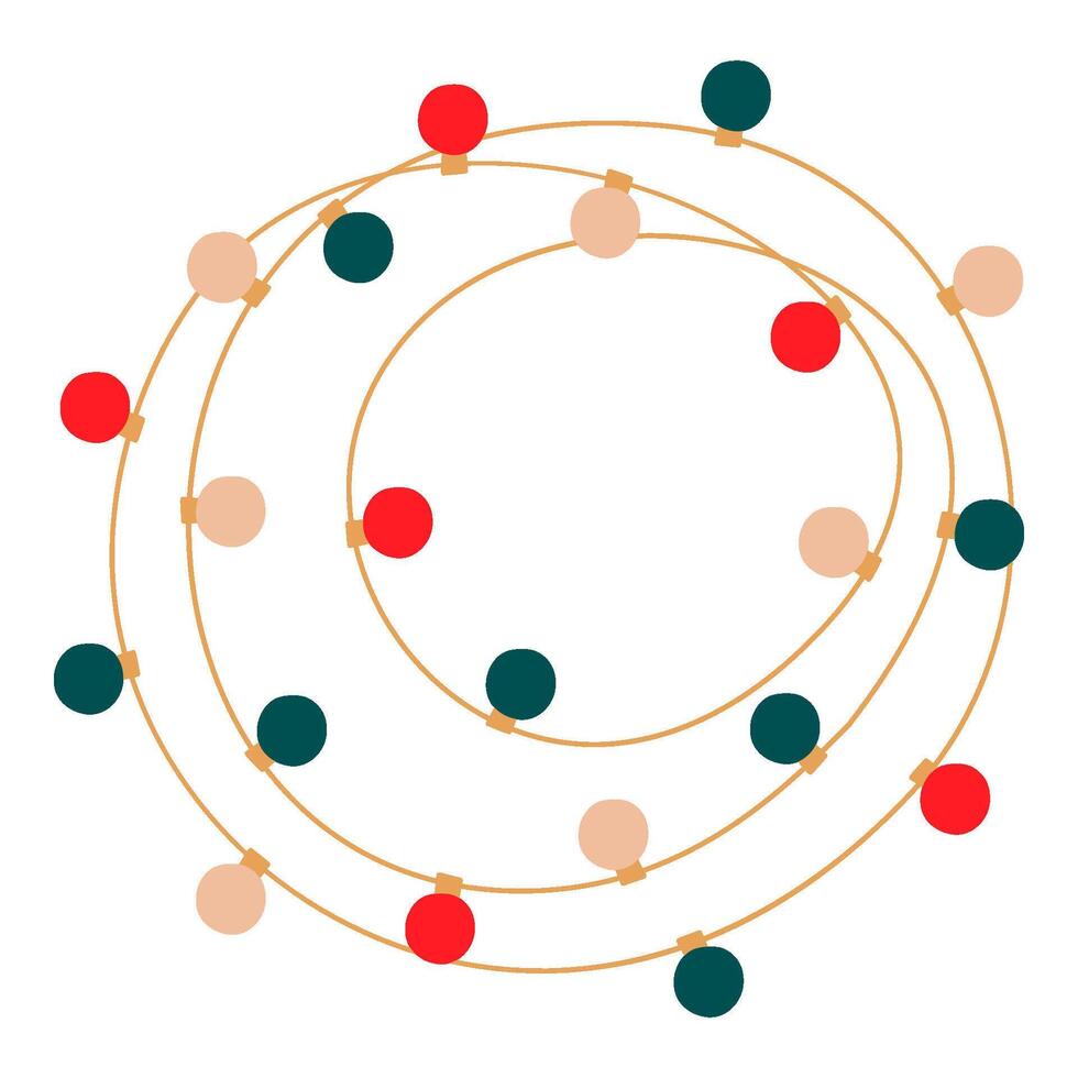 Christmas lights garland round tangled circle colored bulbs. Glowing Xmas festive string decoration with hanging retro lightbulb lamps for holiday cards, banners, posters, web. illustration vector