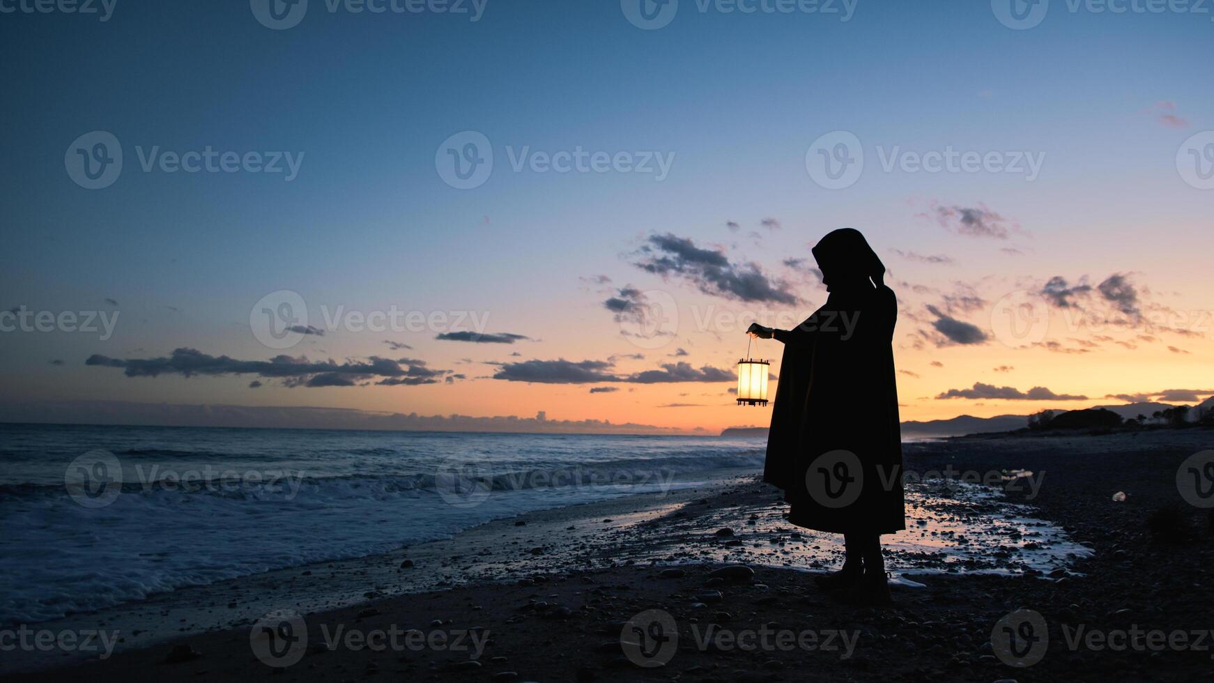 Solitary Figure Hunts for Answers At Sunset Shore photo