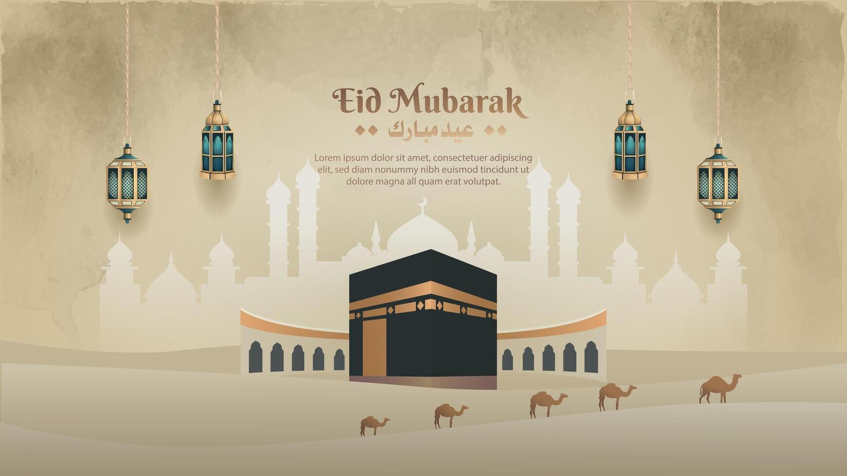 islamic greeting eid mubarak card design with beautiful holy kaaba and lanterns vector