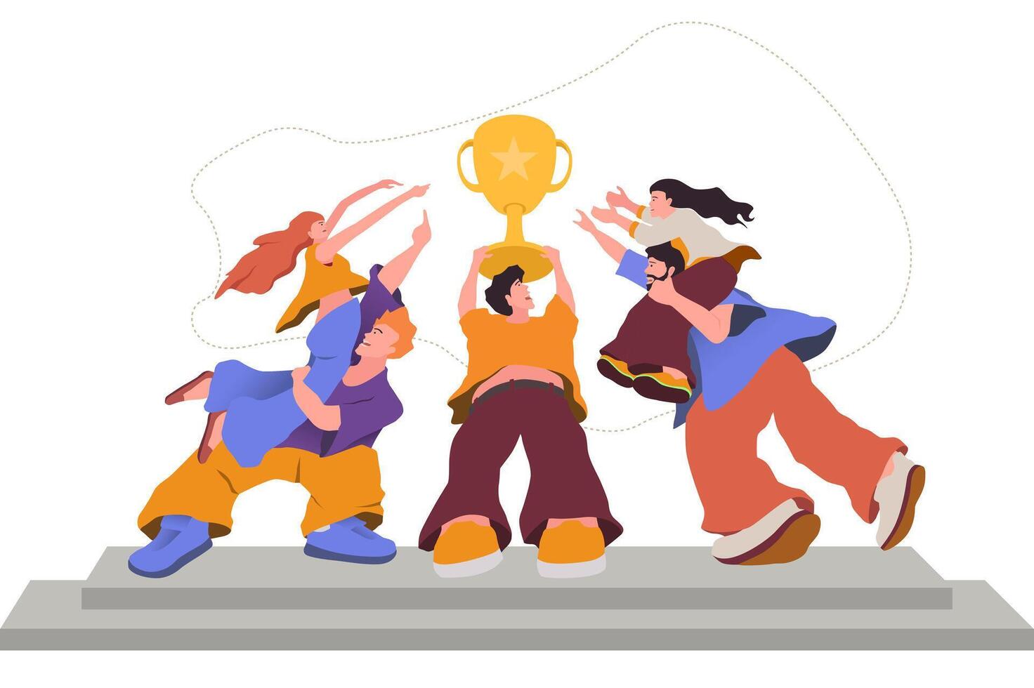 illustration of teamwork to achieve goals, trophy as a symbol of success and height. flat illustration design vector