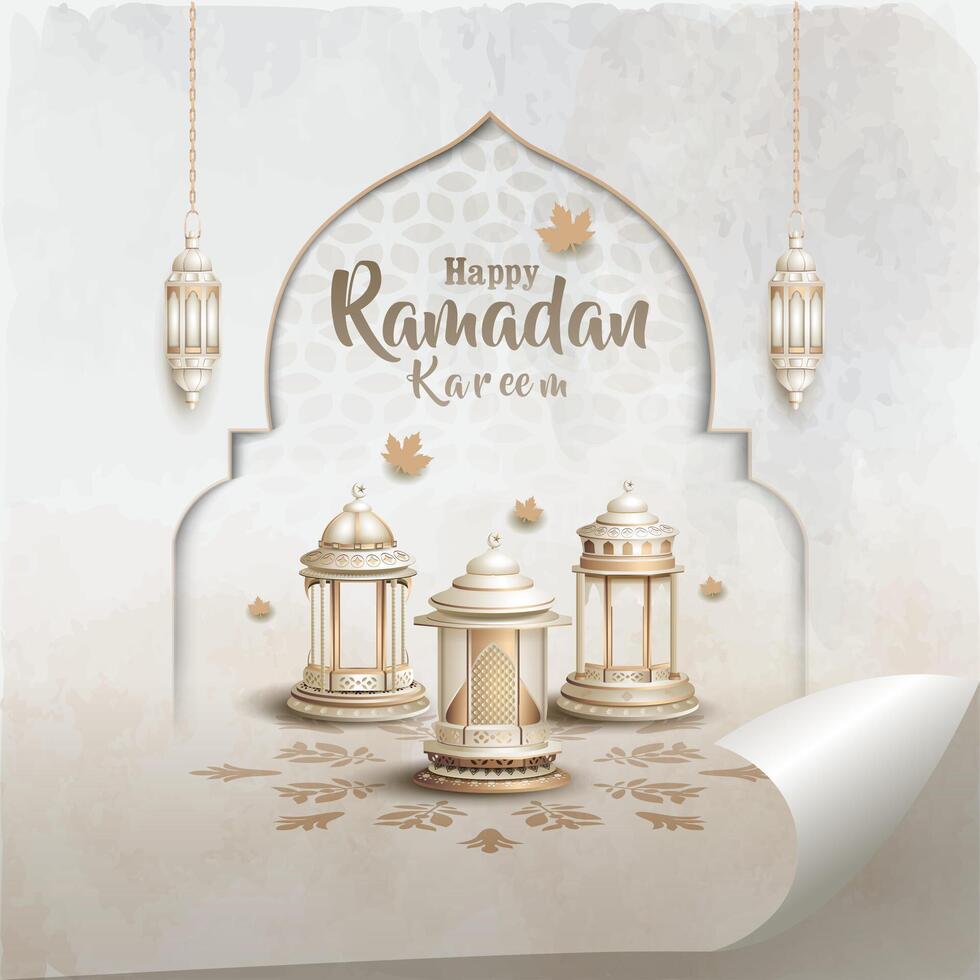 islamic greetings ramadan kareem card design with white lanterns vector