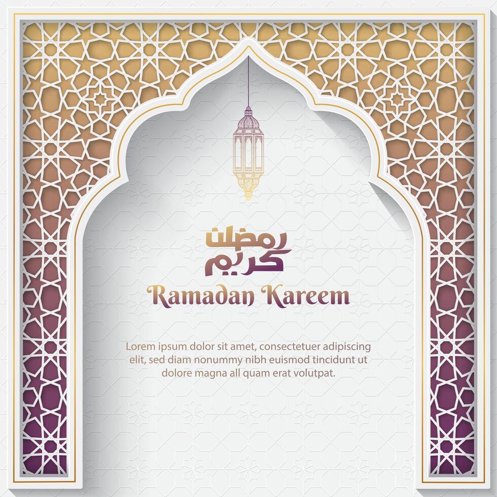 islamic greetings ramadan kareem card design with lantern and luxury islamic decorative ornament vector