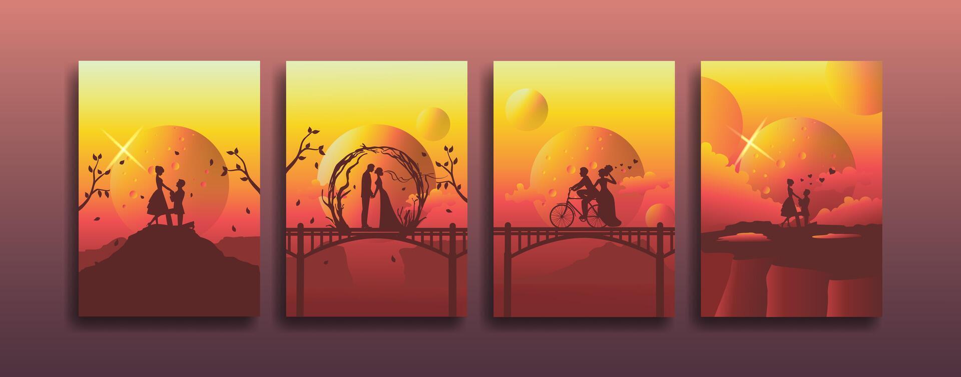 silhouette of a romantic couple loving together card set. beautiful natural panorama in the morning vector