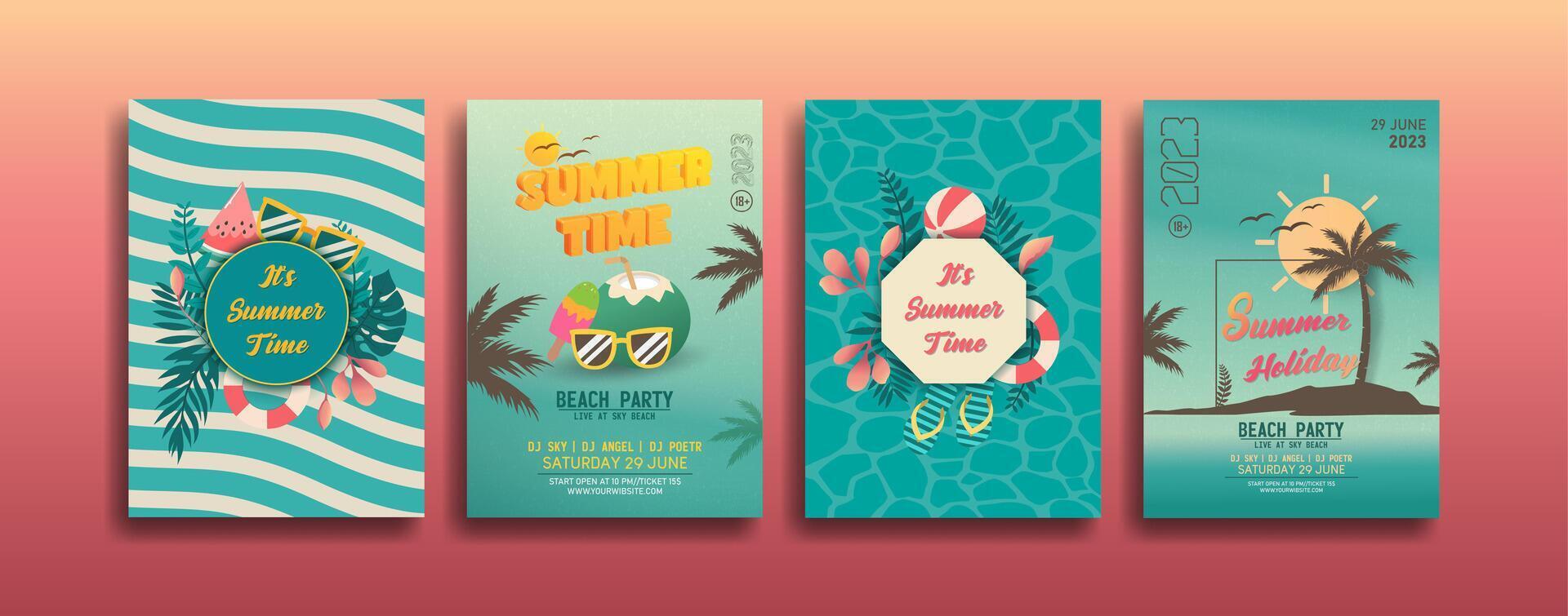 summer time poster design card set with tropical plants and summer stuff vector