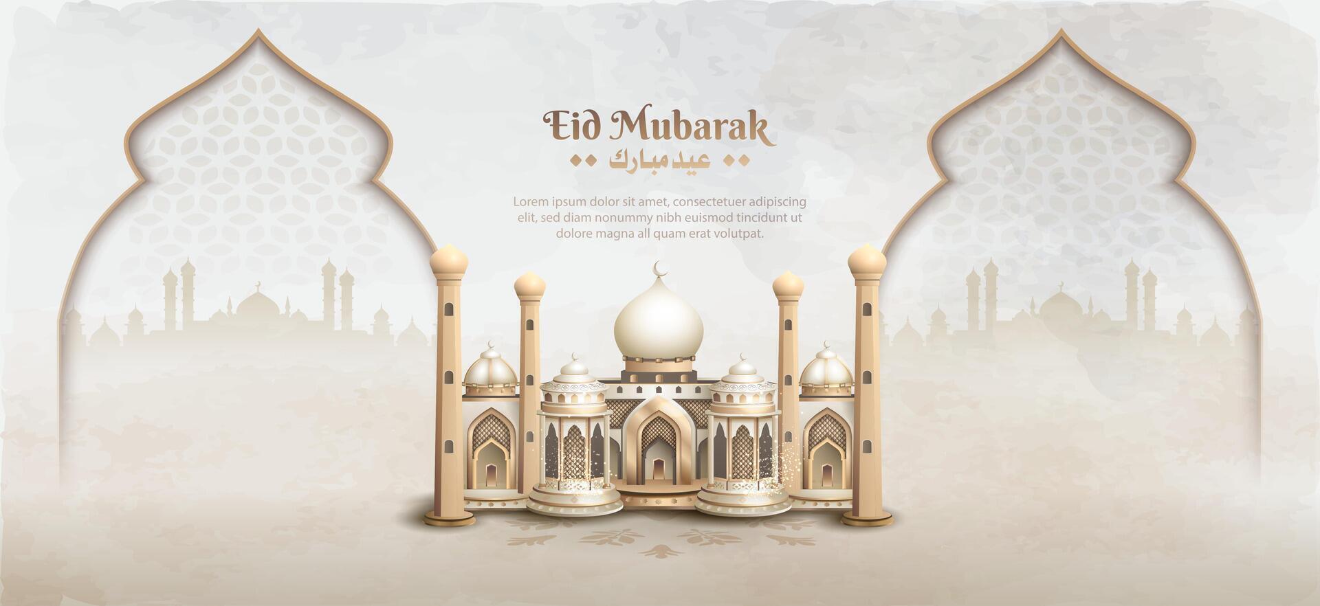 islamic greetings eid mubarak card design with beautiful mosque vector