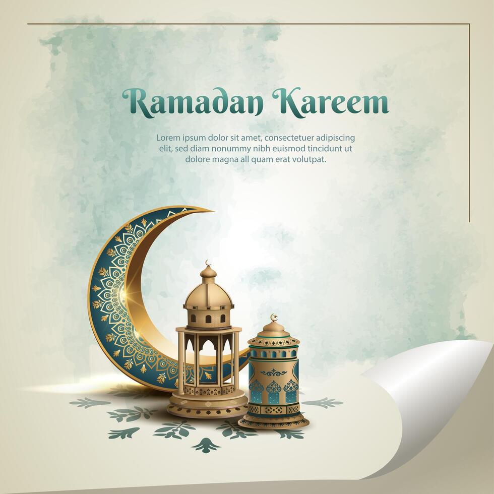 islamic greetings ramadan kareem card design with crescent moon and gold lanterns vector