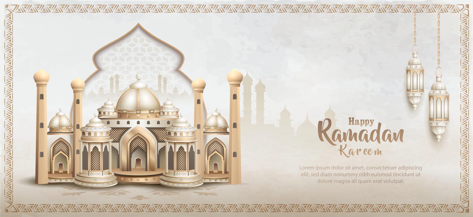 islamic greetings ramadan kareem card design with beautiful mosque and lanterns vector