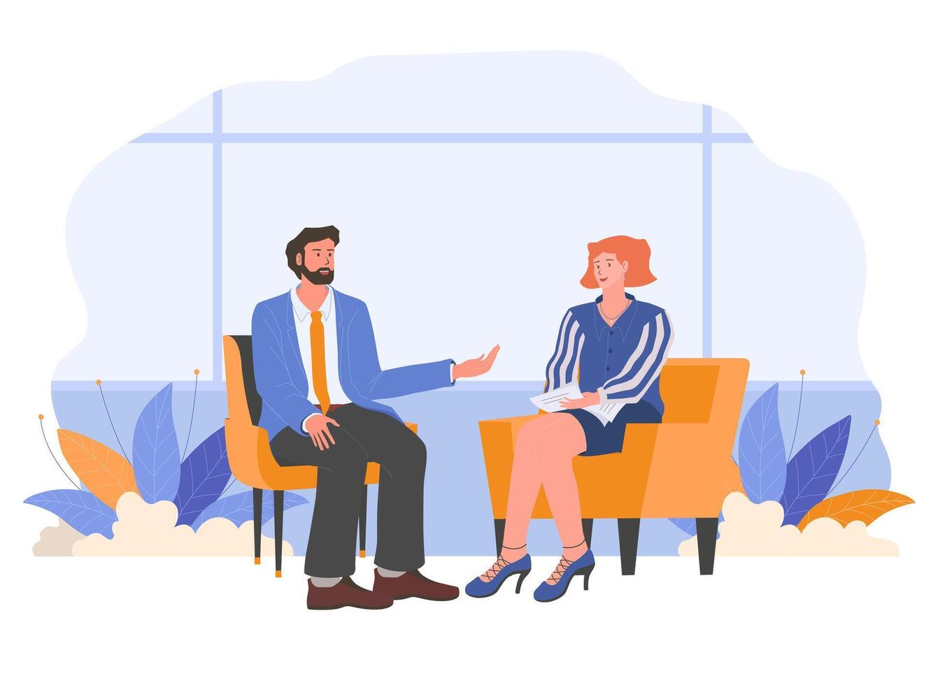 job interview concept. hr manager meeting with candidate with resume for conversation vector