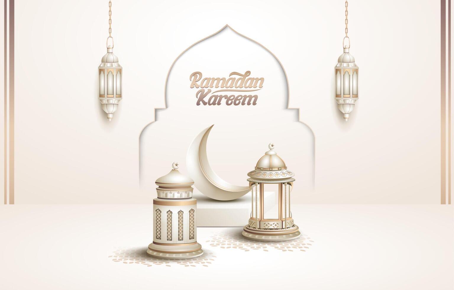 islamic greetings ramadan card design with beautiful white lanterns and crescent vector